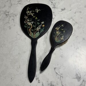 Mid Century Lucite Ming Hand Vanity Mirror and Brush Oriental Floral Accents VTG